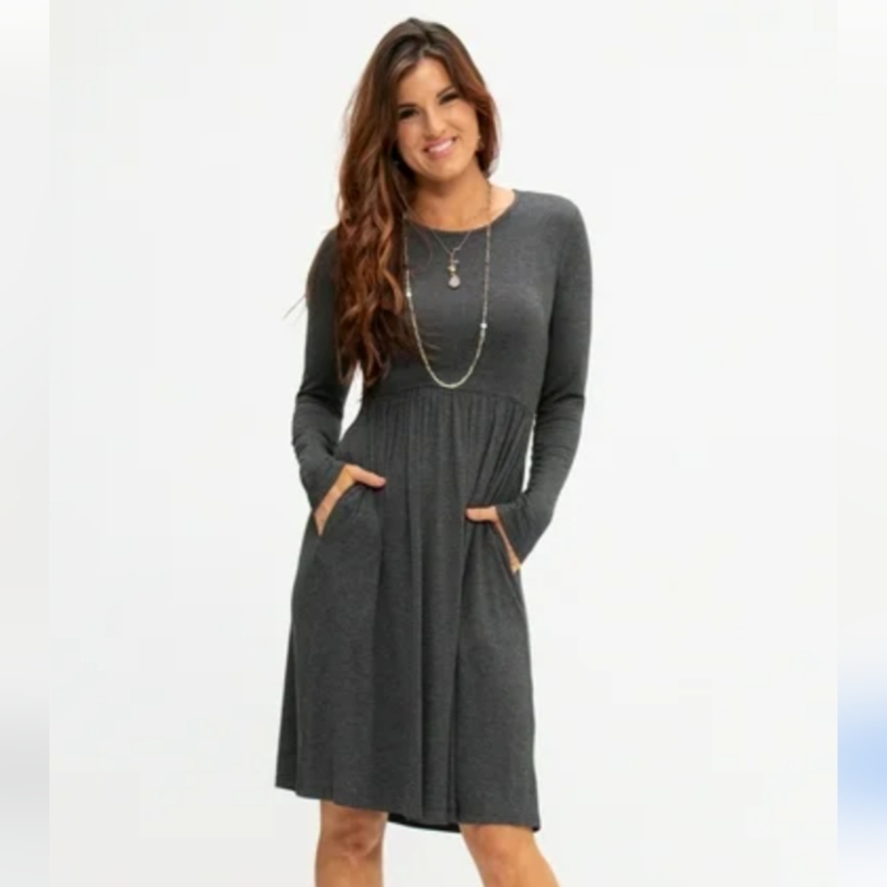 Korsis Elegant Gray Long Sleeve Dress Size Large Two Side Pockets